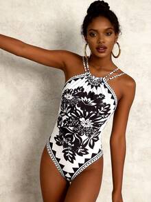 Baju Renang One-Piece Motif Bunga Seksi Tanpa Punggung Gaya Bohemian, Cocok untuk Liburan Pantai di Musim Panas, Warna Hitam - Hitam - View 3