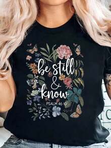Camiseta con diseño floral y de mariposas, cita religiosa "Mantente quieto y conozca el Salmo 46:10" para mujeres, ropa casual diaria, ropa de iglesia.blusa casual mujer - Negro - Ver 7