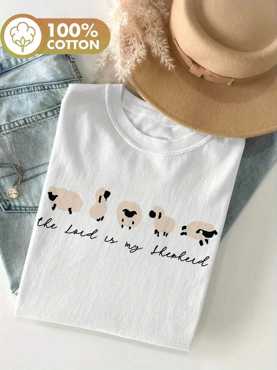 Graphic Print T-Shirt, Short Sleeves, Round Neck, Casual Top For Summer And Spring, Women's Clothing, Women's Winter Clothing - 白色 - 查看 1