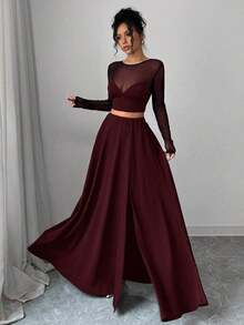 Conjunto de 2 piezas de camiseta de malla y falda larga para mujer, conjunto sexy minimalista para vacaciones, Día de San Valentín, festival de música, regreso a la escuela, uso diario, primavera/verano, manga larga - Burdeos - Ver 5