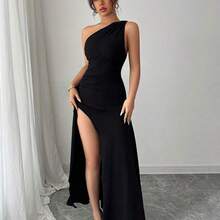 Nuevo vestido negro asimétrico sexy con hombro plisado, recorte hueco y abertura alta, adecuado para vacaciones, citas y fiestas en verano - azul real - Ver 8