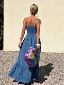 Vestido midi con tirantes, volantes en la cintura y lazo para mujer, vestido de verano para vacaciones - Azul - Ver 2