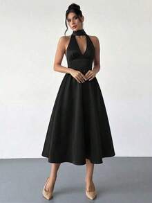 High-Waisted Midi Dress With A V-Neck And Open Back, In A Vintage French Polka Dot Style, Suitable For Valentine's Day, Concerts, Performances, Dates, Banquets, Weddings, Sexy, Elegant, Back To School, Vacation, Beach, Romantic - 黑色 - 查看 6