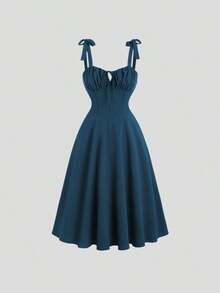 Vestido elegante sin mangas de mujer de unicolor con pliegues y atar delantero con calado - Agua verde azul - Ver 1