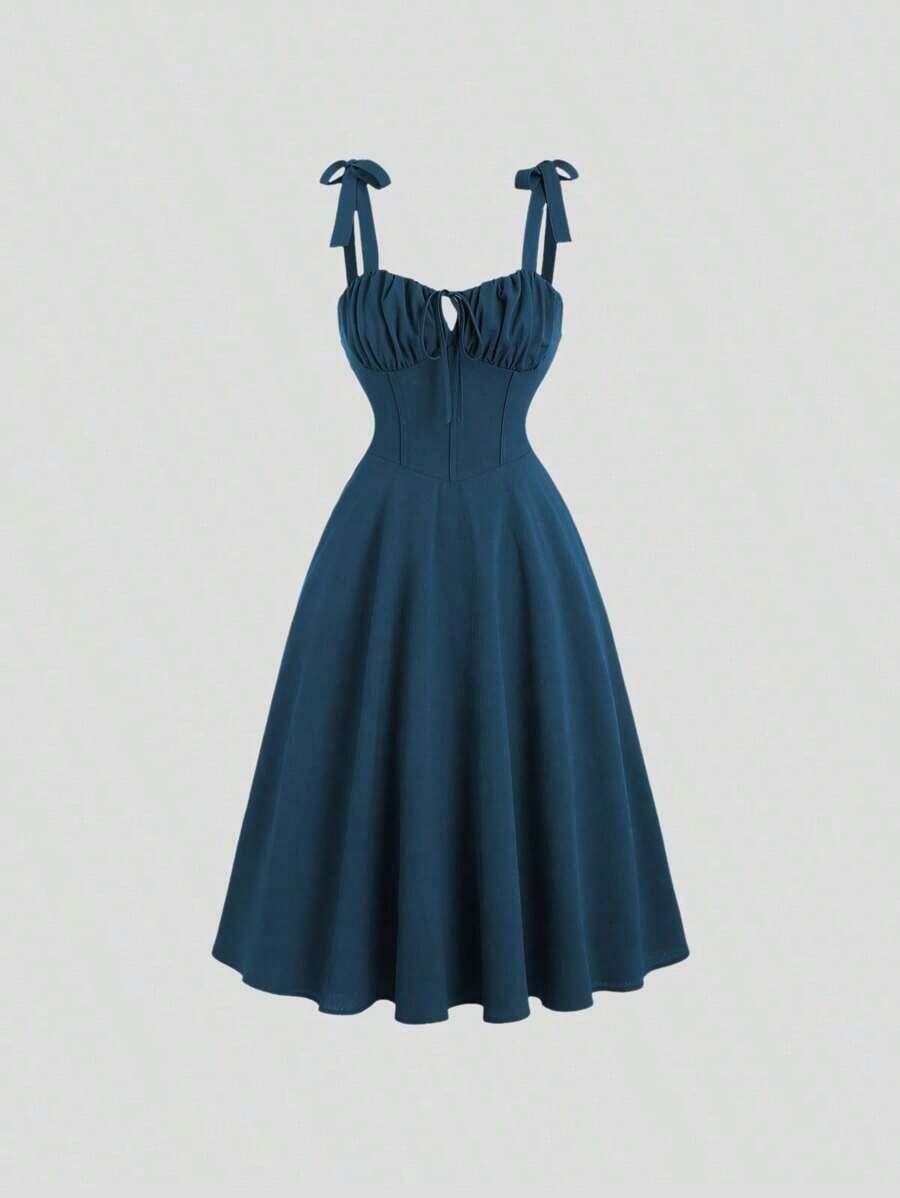 Vestido elegante sin mangas de mujer de unicolor con pliegues y atar delantero con calado - Agua verde azul - Ver 1