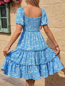 Unity Vestido con estampado floral de manga farol con fruncido bajo a capas - Azul - Ver 2