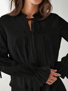 Romantic Black Ruffled Casual Dress With A Sweetheart Neckline, Perfect For Spring/Winter. A Sweet And Elegant Outfit For Valentine's Day, Christmas Parties, New Year's, Birthdays, Holidays, Dates, And Everyday Wear. - 黑色 - 查看 3