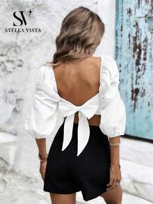 Elegant Women's Cotton Blouse With Short Puff Sleeves, Ideal For Summer. - trắng - Xem 6