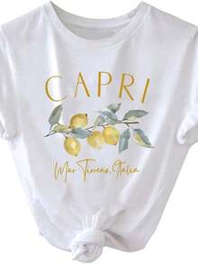 Camiseta de verano para mujer con estampado de frutas y limones, cuello redondo, manga corta, estilo casual. - Blanco - Ver 1