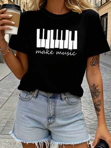 1 Piece "Make Music" T-Shirt With Piano Key Print, Comfortable Round Neck T-Shirt For Women, Plus Size, Casual Spring/Summer Style. Stylish Women's Clothing, Ideal For Everyday Wear, Simple And Unique Style, Short Sleeve Top, 180g 100% Cotton. - 黑色 - 查看 1