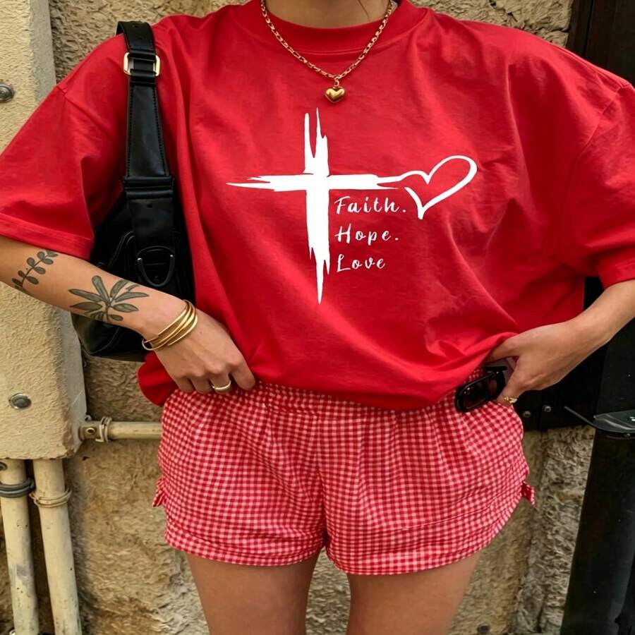 Heartfelt Daily Casual Graphic T-Shirt 100% Cotton Oversized Soft Breathable Casual Crewneck Short Sleeve Top Aesthetic Daily Cute Minimalist Vintage Retro Vibe Basic Casual Wearers Fashion Lovers Daily Outfit Enthusiasts Gift Givers - 紅色 - 查看 1