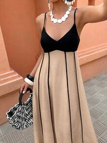 Vestido de vacaciones de línea A con contraste de ribete blanco y negro para mujer de talla grande, primavera/verano - Multicolor 2 - Ver 4
