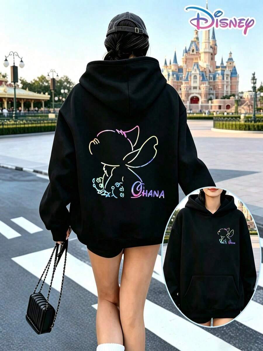 Disney Lilo & Stitch Y2K Print Sweatshirt "Ohana" - A Fun, Family-Themed, Loose-Fitting Top. A Casual And Versatile Choice, Perfect For Holiday Gifting. (Women's Autumn/Winter Clothing/Elegant Women's Outfits/Patterned Hoodies/Printed Tops/Casual Outfits For Women/Women Trending Now/Holiday Co-Ord/Plus Size Friendly) - màu đen - Xem 1