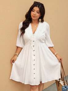 Elaquor Vestido casual de vacaciones de talla grande con cuello en V y nudo en unicolor - Blanco - Ver 6