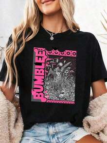 Women's Summer Clothes: Stylish Short-Sleeve Blouse With 'BUNGLE' Graffiti Print And Vibrant Abstract Patterns In Pink And Black, Comfortable And Soft Fabric, Fun Design, Perfect As A Gift For Her. Women's Summer Clothes: Stylish Short-Sleeve Blouse, Loose Fit, Comfortable And Breathable For Everyday Wear. Breathable And Comfortable. - 黑色 2 - 查看 12