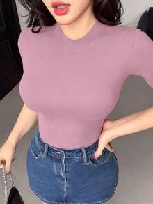 Blusa casual de mujer de cuello redondo, manga corta, silueta ajustada, para uso diario - Rosa 2 - Ver 3