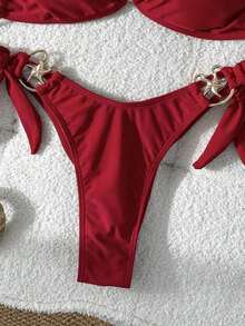 Swim Mod Conjunto de bikini sexy con decoración de estrella de mar metálica, unicolor, con lazos ajustables a los lados para mujer - Rojo - Ver 5