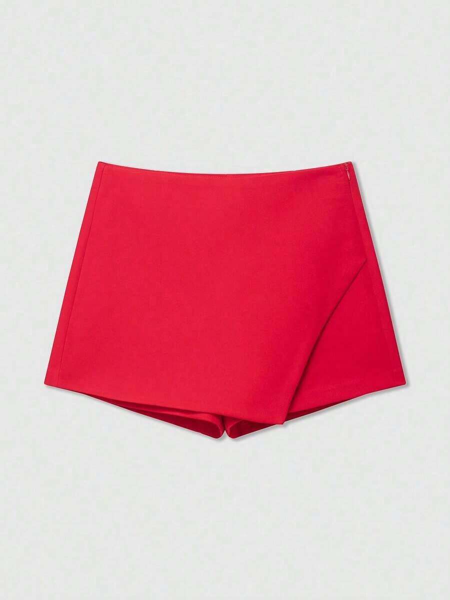Falda-shorts envolvente asimétrica de color amarillo mantequilla de verano informal - Rojo - Ver 1