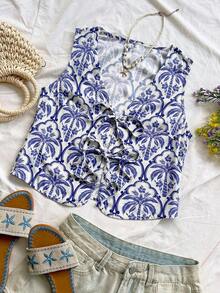 Camiseta de tirantes con estampado floral monocromático atada al frente para vacaciones de mujer - Azul y blanco - Ver 5