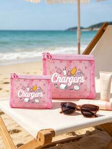 Multi-Color Mesh Pouch With Creative Charging Cable Theme Pattern, Data Cable Storage Bag, Charger Storage Bag, Zipper Design To Prevent Falling, Lightweight And Large Capacity, Multi-Functional Can Simultaneously Hold Earphones, Power Bank, Data Cable, Charger, Essential Fashionable Personalized Travel Makeup Bag - Multicolor - View 4