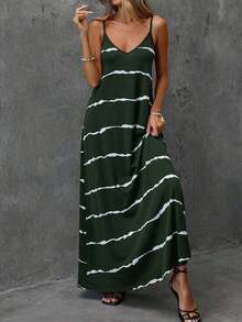 Vestido casual largo de punto elástico para mujer, cómodo y de moda para primavera/verano, vacaciones, adecuado para verano, vacaciones, con estampado vintage de flores, hojas y tropical - Verde Oscuro - Ver 3