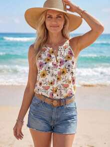 Top de tirantes con cuello halter y estampado de mariposa tejido para mujer, vacaciones - Caqui - Ver 4