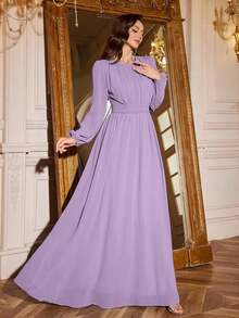 Vestido de dama de honor de manga linterna de unicolor elegante y extra largo - Púrpura polvoriento - Ver 7