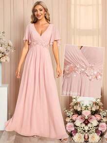 Elegante vestido de dama de honor de gasa con cuello en V, mangas con volantes bordados y plisados, vestido de noche formal para invitados de boda - Rosa - Ver 6