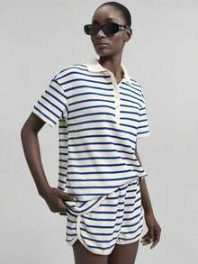 Conjunto de 2 piezas para mujer Verano 2026SS, top de polo de manga corta con rayas de contraste y shorts con bolsillos, adecuado para uso casual, de negocios, vacaciones, playa, fiesta de cumpleaños, uniforme de maestro, viajes, estilo urbano chic, - Azul - Ver 7