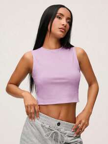 Top de depósito casual sin mangas para verano con cuello redondo y dobladillo dividido - Morado - Ver 4