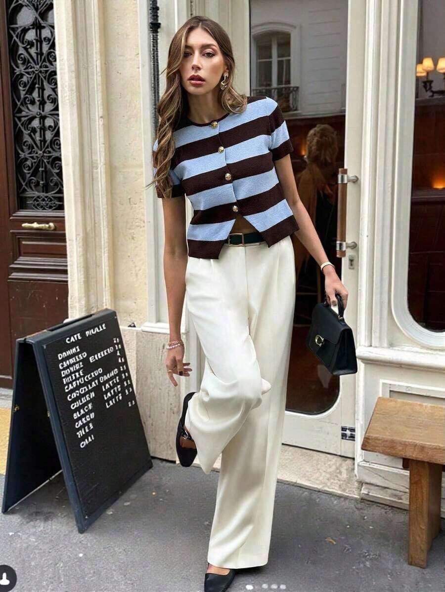 Blusa de punto de manga corta con rayas de color contrastante para mujer - Multicolor - Ver 1