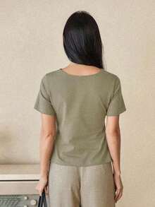 Camiseta de mujer con cuello polo de ajuste ceñido, estilo casual y holgado, ideal para primavera y verano, y para el Día de San Valentín - Verde - Ver 2