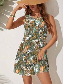 Vestido sin mangas de cuello redondo con estampado tropical de vacaciones - Verde - Ver 4