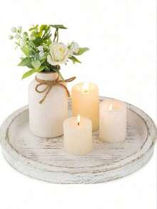 1pc Vintage Wooden Round Decorative Tray, Farmhouse Distressed Candle Holder Base, Home Living Room Incense Candle Plate - 白色 - 查看 2