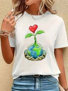 Women's Casual Short Sleeve T-Shirt - Printed, Loose Fit, Round Neck, Breathable Stretch Fabric, Machine Washable, Versatile Top For All Seasons, Everyday Wear, Fun Prints, Comfortable Material, Fashionable Style. Suitable For Spring, Summer And Autumn - White - View 2