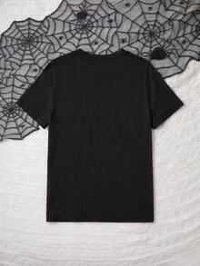Camiseta casual para mujer de manga corta con cuello redondo, ajuste suelto, con gráfico de esqueleto y flores - Negro 3 - Ver 5