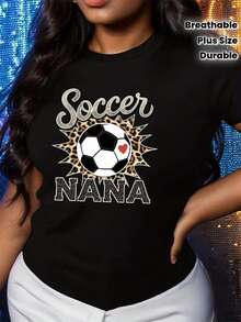 Talla Grande - Camiseta de Fútbol con Estampado "Football Nana" para Mujer - Estampado de balón de fútbol negro y "Football Nana", corte cómodo, manga corta, cuello redondo, top casual, adecuada para todas las estaciones, camiseta transpirable, ropa casual, camiseta de fútbol, tela duradera, diseño dinámico, material suave, top estampado, estilo de vida. - Negro - Ver 2