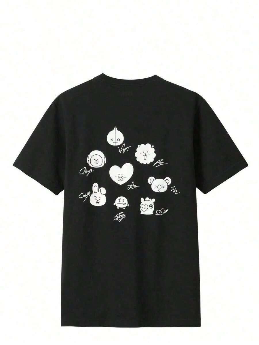 Women's Pure Cotton Casual Print T-Shirt, Summer Top, Spring Sets Y2k, Korean Fashion T-Shirt For Women K-Pop, BT21 Chimmy Cooky Tata Koya T-Shirt... Unisex White T-Shirts, Summer Clothes For Girls, Matching Family Set, Going Out T-Shirts, Adult And Children's Sizes - 黑色 3 - 查看 1