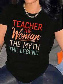 Camiseta de cuello redondo de talla grande para mujer, regalo para el Día del Maestro - "Maestra: Una Mujer de Leyenda" con llamativas letras rojas y naranjas, top negro de corte regular transpirable, camisa ligera e informal para uso diario por parte de trabajadores de la educación y madres, lavable a máquina, regalo para el Día de la Madre, Blusas Para Mujer Casual - Negro - Ver 5