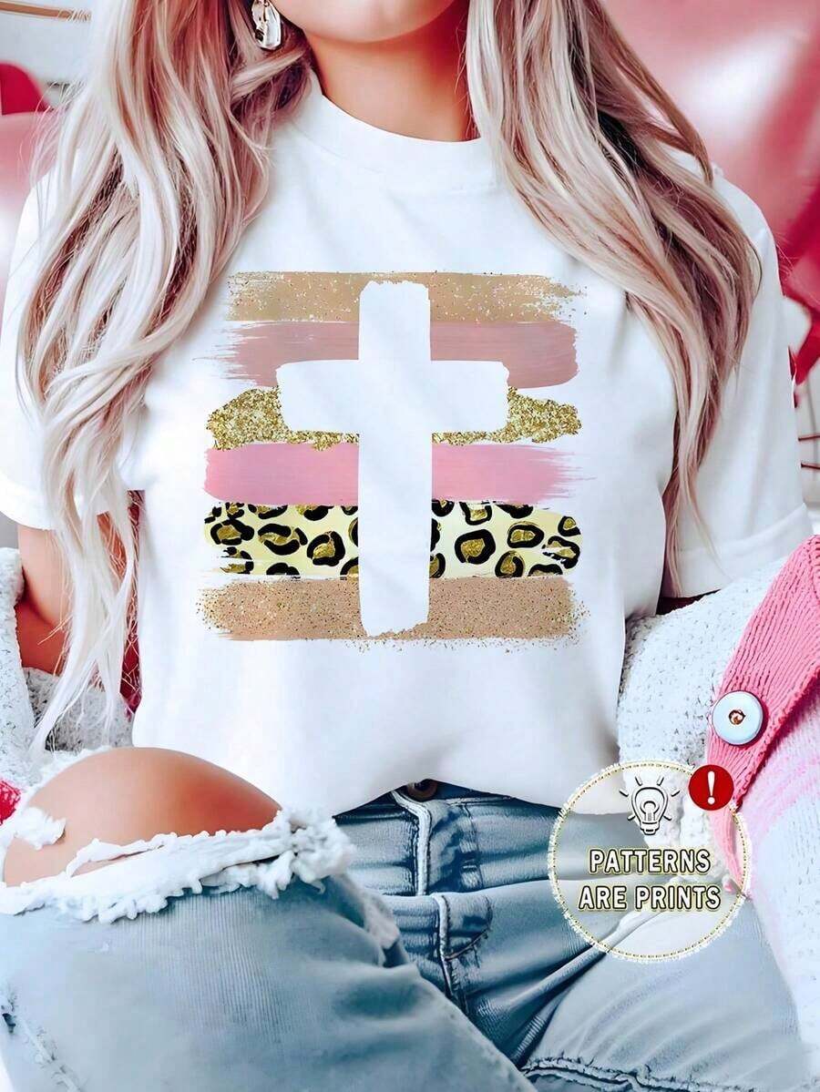Women's White T-Shirt With Leopard Print Cross And Glitter, Aesthetic Faith Design Short Sleeve T-Shirt, Modern Spiritual Animal Print Top, Fashionable Casual Blouse With Mixed Textures - 白色 - 查看 1