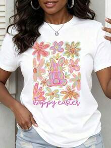 Women's Casual Short Sleeve T-Shirt, New 2026, Easter Theme, With Rabbit And Flower Print, Happy Easter Text For Spring Celebration,  Women's T-Shirt - 白色 - 查看 7