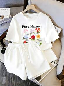 Conjunto de dos piezas de camiseta de manga corta y shorts para mujer, con letras "Pure Nature" y patrón de flores como tulipanes, rosas y girasoles, conjunto casual con estilo natural fresco - Camiseta blanca + pantalones cortos blancos - Ver 1