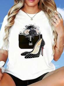 Camiseta blanca de moda para mujer con estampado de bolso elegante y zapatos de tacón alto, top casual para uso diario.Camiseta de cuello redondo para damas, adecuada para;Día de San Valentín, Hogar, Caminatas, Deportes, Fiestas Navideñas, Reuniones, Regalos Navideños Preferidos, 200g, blusa casual mujer, playeras de mujer algodón - Blanco - Ver 6