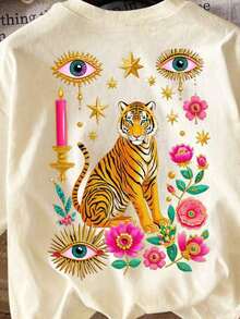 Camiseta Casual de Talla Grande para Mujer con Estampado de Tigre Misterioso - Surrealismo - Albaricoque - Ver 4