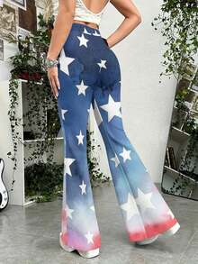 2026 Summer New Styles American Flag Star Pattern Print Plus Size Women's Slim Fit Flare Pants Comfortable, Suitable For All Seasons Versatile For Casual Gatherings And Dates_1 - trắng - Xem 3