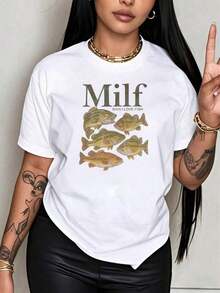 Camiseta Casual Estampada de Manga Corta con Cuello Redondo para Mujer, Camiseta Gráfica "Milf Man I Love Fish" para Mujer, Camiseta Casual de Manga Corta, Camiseta Divertida de Pesca Unisex Blanca con Diseño de Peces, Adecuada para Regalos de Vacaciones, Moda. - Blanco - Ver 1