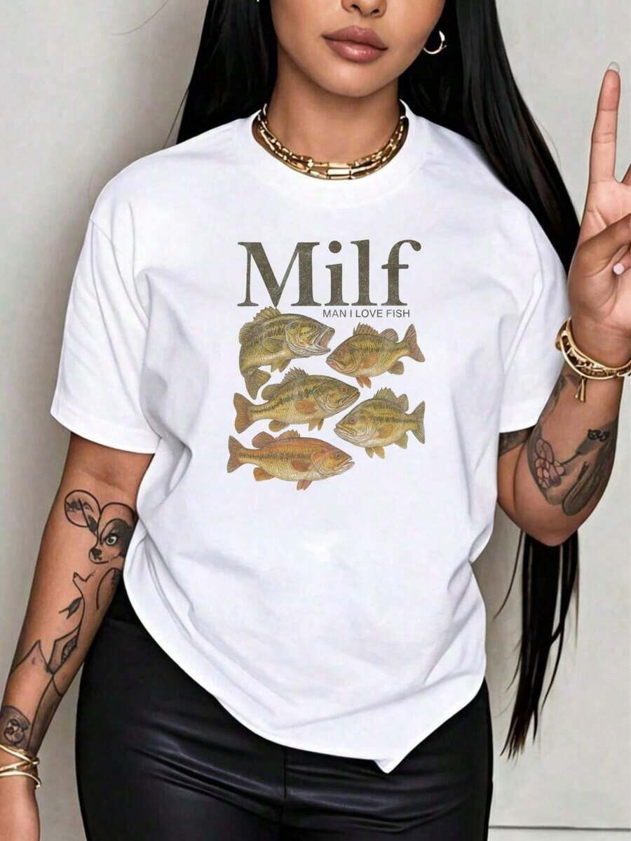 Camiseta Casual Estampada de Manga Corta con Cuello Redondo para Mujer, Camiseta Gráfica "Milf Man I Love Fish" para Mujer, Camiseta Casual de Manga Corta, Camiseta Divertida de Pesca Unisex Blanca con Diseño de Peces, Adecuada para Regalos de Vacaciones, Moda. - Blanco - Ver 1
