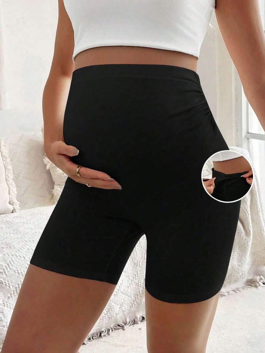 Leggings Casuales para Mujeres Embarazadas, Shorts con Pliegues, Shorts Estilo Biker - Negro - Ver 1