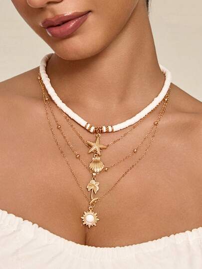 Altistry 1pc Bohemian Beach Vacation Style Starfish, Shell, Flower, Elephant Random Soft Ceramic Multi-Layer Necklace For Women (Avoid Contact With Water)