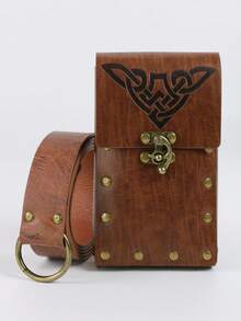 2PCS Set Medieval Viking Leather Belt Pouch Set, Renaissance Celtic Knot Embossed Waist Bag With Wide Belt, LARP Cosplay Costume Accessory For Renaissance Market, Medieval & Viking Outfits - A - View 6